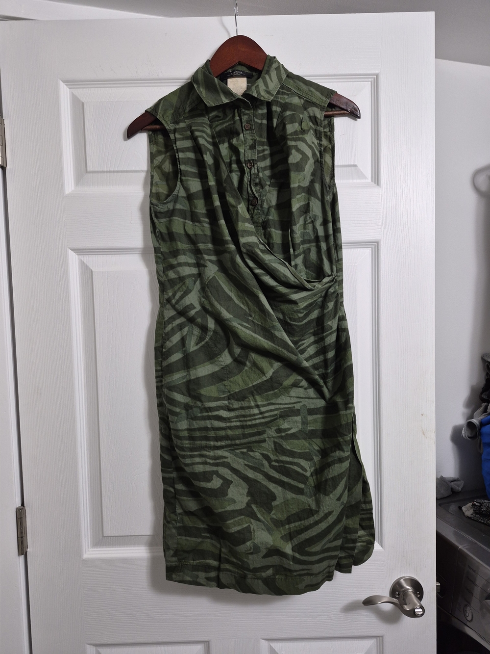 MaxMara Olive Zebra-Print Sleeveless Midi Shirt Dress